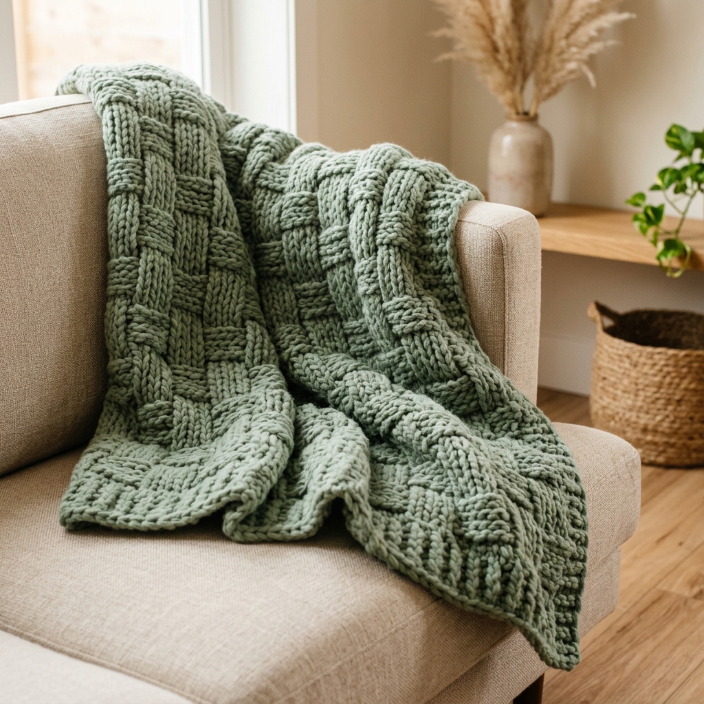 Sage green chunky crochet blanket