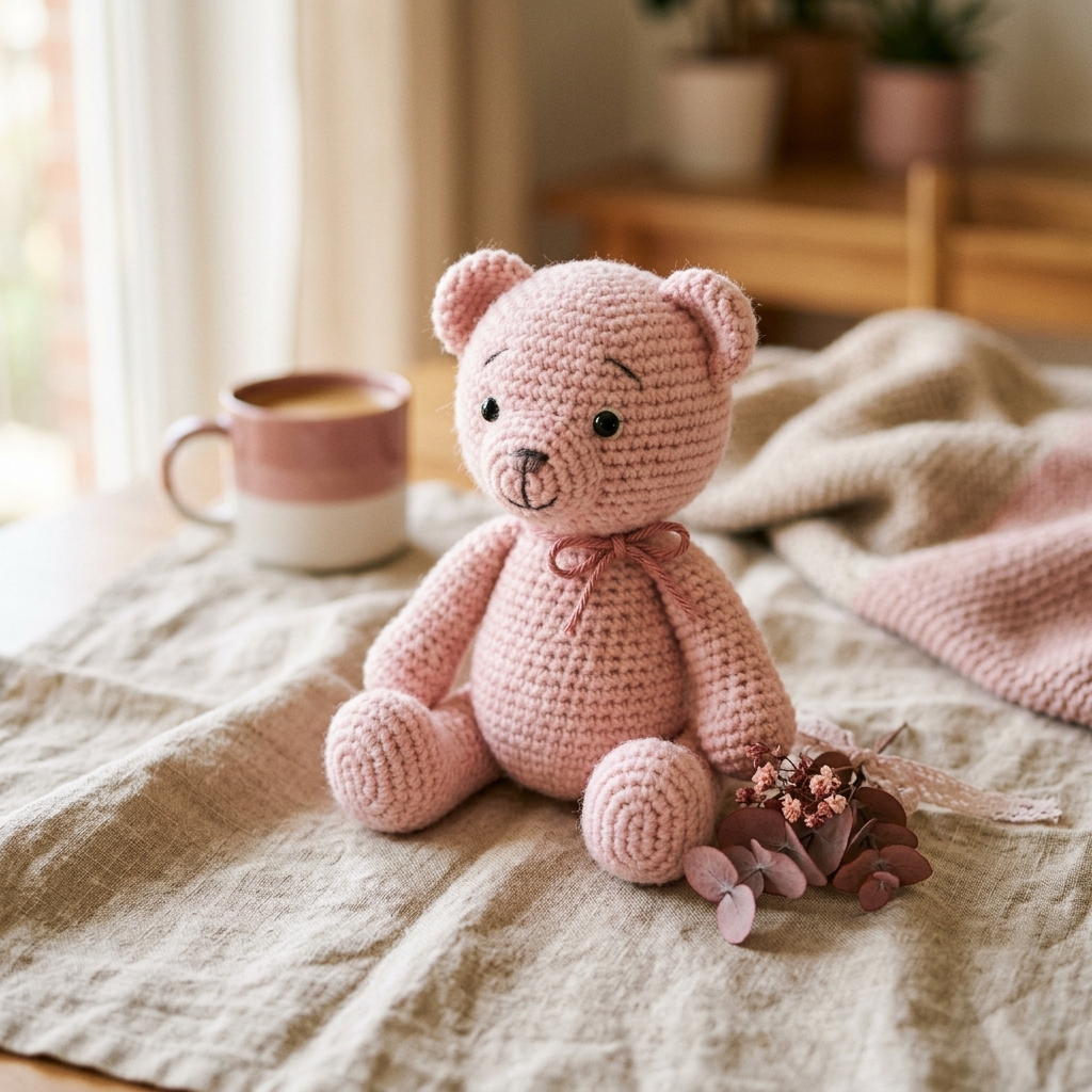 Gấu bông len móc tay màu hồng phấn dễ thương ngồi trên vải linen.